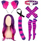Matiniy 6Pcs Purple and Pink Striped Cat Accessories Kit Including Wig Pink-purple Headband Socks Gloves Tail for Halloween Christmas Party Dress Up