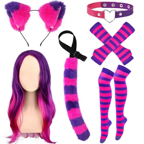 Matiniy 6Pcs Purple and Pink Striped Cat Accessories Kit Including Wig Pink-purple Headband Socks Gloves Tail for Halloween Christmas Party Dress Up