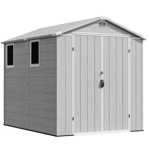 Image of Devoko 6x8 FT Resin Storage Shed with Floor, Outdoor Plastic Garden Shed with Window, Waterproof Tool Storage Shed with Lockable Door for Backyard, Patio, Lawn, Light Gray