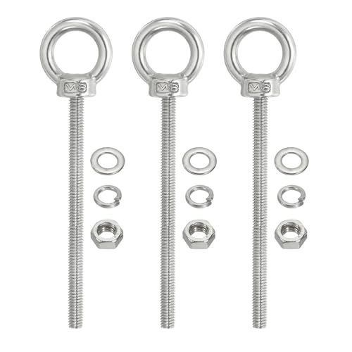 Image of PATIKIL M6 x 90mm Lifting Shoulder Eye Bolt, 3Pcs 304 Stainless Steel Lifting Ring Threaded Eyebolt with Nuts Washers for Hanging Hammocks Articles