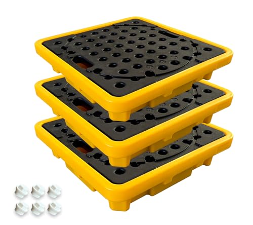 Natotela 3 Pcs 1 Drum Spill Modular Platform with Drain 11.35 Gallon Sump 26.6x26.6x5.9in 1102lbs Load Capacity Low Profile High Flexibility LDPE Containment Pallet for Industrial 55 Gal Drum Storage