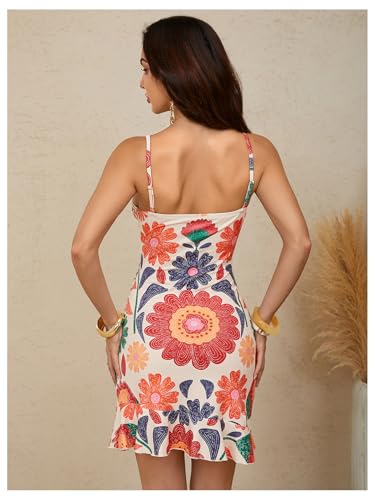 Image of Floerns Women's Summer Tropical Twist Front Ruched Ruffle Hem Bodycon Cami Dress