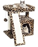 Small Leopard Print Cat Tree for Indoor Cats | Short Tower with Scratching Post, Ramp Pad, Condo with Perch Bed, Kittens Play House, Hanging Plush Ball & Cave for Resting (Leopard Print)