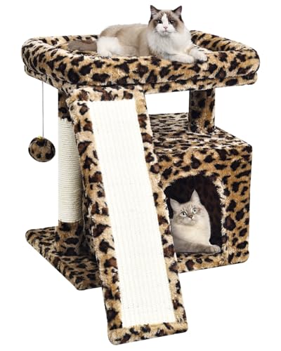 Small Leopard Print Cat Tree for Indoor Cats | Short Tower with Scratching Post, Ramp Pad, Condo with Perch Bed, Kittens Play House, Hanging Plush Ball & Cave for Resting (Leopard Print)