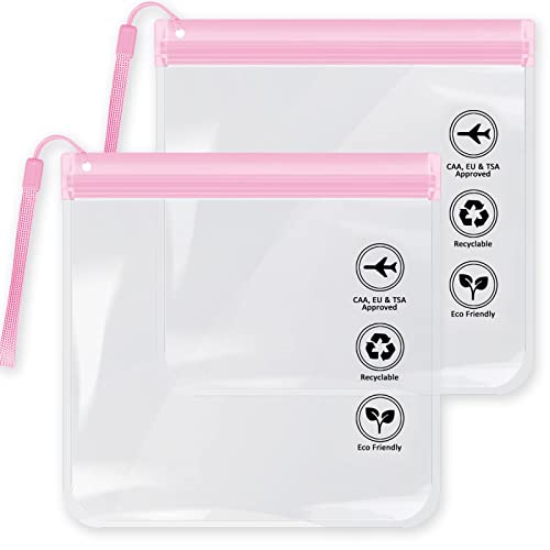 ExceLife 2 Pack Airport Security Liquids Bags, 20 x 20cm TSA Approved Travel Toiletry Bag Leakproof Makeup Bags Travel Accessories Holiday Essentials Luggage for Cosmetics and Toiletries (Pink)