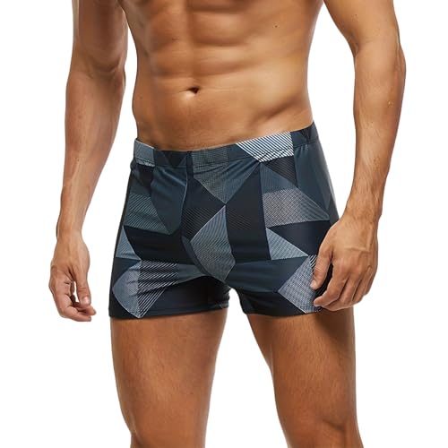 Men Stylish Geometric Print Swim Trunks Comfortable Stretchy Boxer Shorts Quick Dry Athletic Swim Bottoms 2025