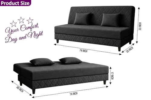 Image of Velvet Fabric Sofa Cum Bed | 3 Seater Sofa Bed | Premium Upholstered Folding Couch for Living Room, Guest Room & Bedroom | Quilted Backrest with 2 Cushions (Black)