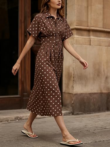 Image of MSBESYOR Women Button Front Pleated Shirt Maxi Dress Summer Striped Prints Short Sleeve Collar Casual Long Dresses
