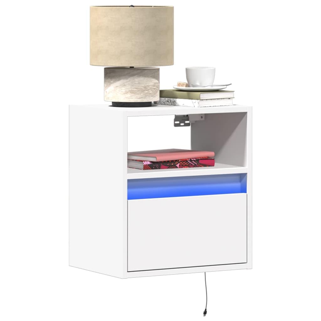 Meuble de chevet suspendu blanc avec lumière LED chambre et salon bois