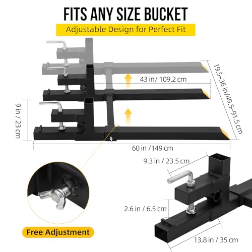 60" 4000lbs Clamp on Pallet Forks Heavy Duty Tractor Forks with Adjustable Stabilizer Bar Quick Attach Pallet Fork for Bucket Tractor Loader Skid Steer