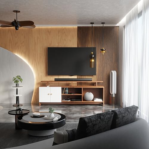 Image of TV Unit for Living Room | TV Stand Table | Wooden TV Cabinet | TV Table Furniture for Home & Living Room | Assembly-DIY | Color-Cherry Pine & White