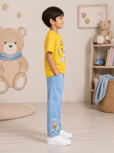 Image of KiddoPanti Boys Printed Co-Ords Set | 100% Cotton & Cottnon Spandex Woven | Drop Shoulder Tshirt with Jeans | Graphic Printed Design| Outerwear For Kids
