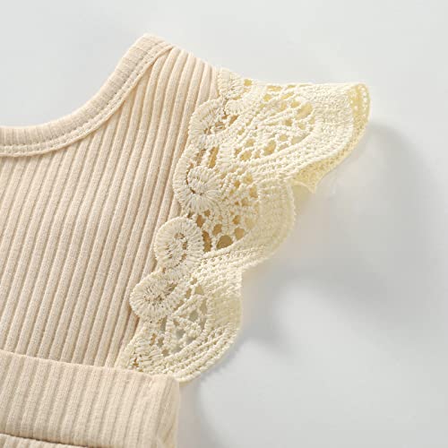 2Pcs Summer Baby Girls Romper Dress Headband Knitted Lace Fly Sleeve Solid Ruffles Jumpsuits Clothing (Apricot, 0-3 Months) #TOP5