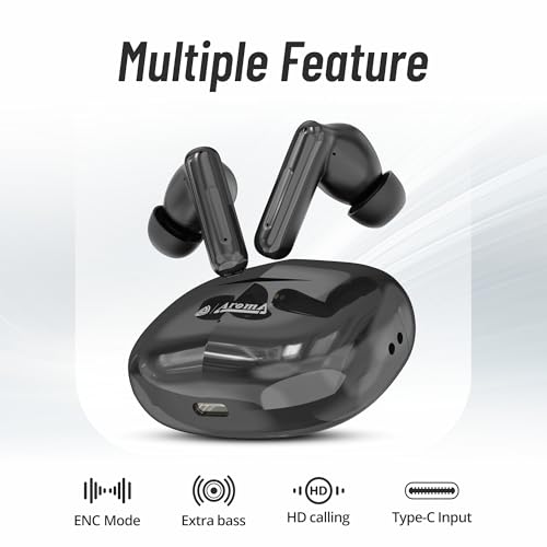 Image of AROMA TWS1 Pulse V5.4 True Wireless Earbuds, Shiny Black | Bluetooth Headphones, Up to 60H Playtime, ENC, Fast Charging, Heavy Bass