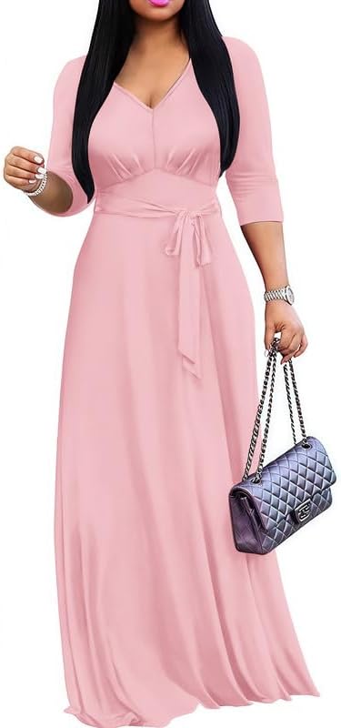 Maxi Dress for Women 3/4 Sleeves V-Neck Semi Formal Church Long Casual Dresses with Pockets