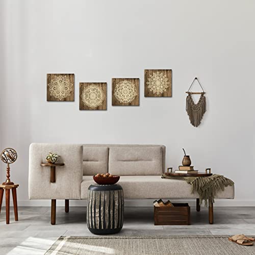 Homeoart Boho Wall Art Mandala Wall Art Rustic Bohemian Art Picture Framed Artwork Yoga Room Bedroom Bathroom Retro Yoga Room Wall Decor 12"X12"X4 Panels #TOP1