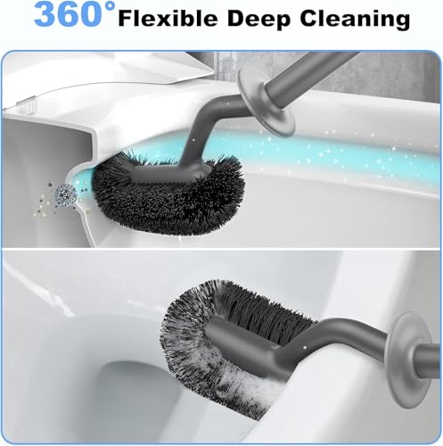 Image of HAMITOR Toilet Bowl Brush Holder Set: Curved Design with Holder for Deep Cleaning Under Rim - Compact Hidden Cleaner Scrubber for Small Space - Home RV Bathroom Accessories - Gray 2 Pack