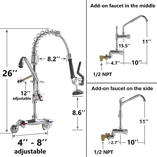 Yoogyy Commercial Sink Faucet With 4 To 8 Inch Adjustable Wall Mounted Center 26’’ Height Pre-Rinse Faucet With 1.42Gpm Sprayer And 10’’ Add-On Swing Spout (26'' Height + 10'' Spout) #TOP1