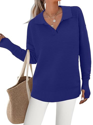 CRAZY GRID Cozy Warm Long Sleeve Tunic Jumper Tops for Women 2025 Casual Knitted Elastic Hem Pullover Sweaters Plain Color Loose Fitting Sweatshirt with Thumb Holes Sea Blue Large