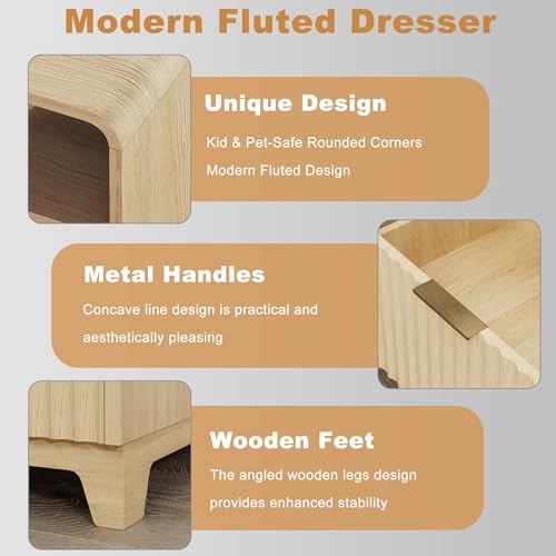Image of Fluted Natural Nightstand Set of 2, 24 Inch Bedside Table with Charging Station, Modern Wood Night Stand with 2 Drawers and Open Shelf, End Table for Bedroom, Natural Oak