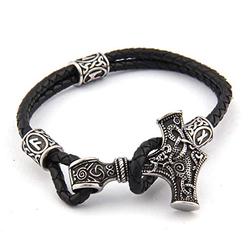 Bavipower Thor Hammer Viking Rune Bead Norse Leather Bracelet Stainless Steel Asatru Pagan Jewelry For Men Women #TOP3