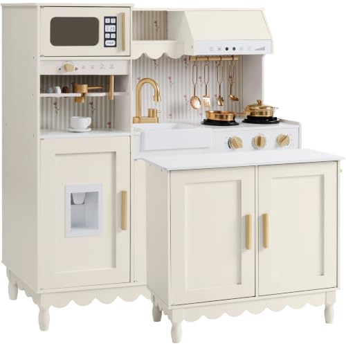 Best Choice Products Play Kitchen for Kids & Toddlers, Wooden Kitchen Playset w/Espresso Machine, Pretend Toy Kitchen Set w/Ice Maker, Storage Island & Accessories, Scalloped Design - Cream Cottage