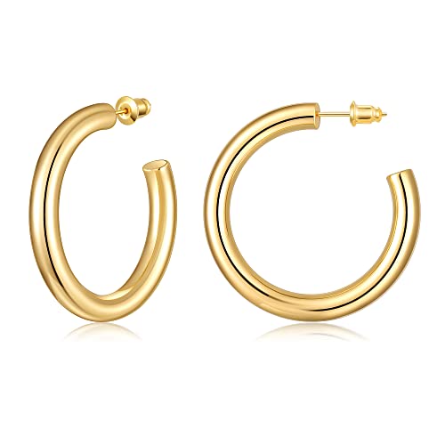 Gacimy Chunky Hoop Earrings for Women 14K Gold Plated 925 Sterling Silver Post Hoops for Women 40mm Yellow Color Medium Earrings