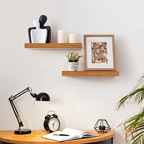 Farmhouse Floating Shelves - 16 Inch Rustic Solid Wood Wall Shelf - Handcrafted Southern Yellow Pine Storage Shelf Display Shelf For Living Room Bedroom Kitchen - Set Of 2 - Honey Oak Color #TOP1