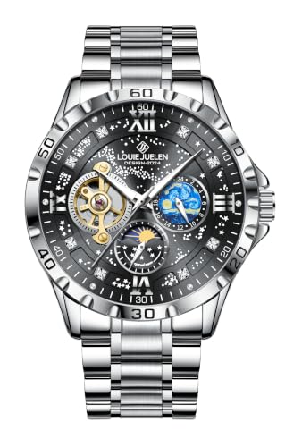 LOUIE JUELEN Men's Luxury Automatic Watches with Self-Winding Movement 42mm Analog Mechanical Watch Waterproof Luminous Dress Wrist Watches for Men, Black Dial Silver Stainless Steel Band, No Battery Needed