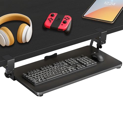 Under Desk Keyboard Tray Slide Out, Clamp On Pull Out Drawer with Mouse Space, Fits Desks 10–50mm Thick, 25 x 9.8 Inch Ergonomic Keyboard Holder for Comfortable Typing at Home or Office