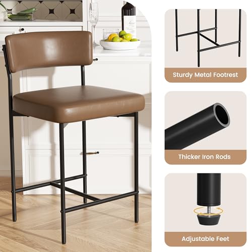 Image of Bar Stools Set of 2, Faux Leather Counter Height Barstools with Curved Back, 25 Inch Upholstered Bar Chairs, Modern Counter Stools for Kitchen lsland, Brown