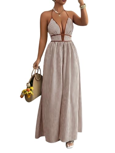 Womens Summer Halter Maxi Dress Striped Long Flowy Dress CoffeeBrown M