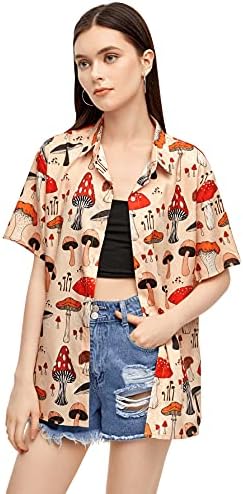 SweatyRocks Women's Short Sleeve Cute Print Button Down Shirt Tops Mushroom Apricot L