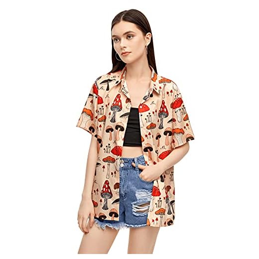 SweatyRocks Women's Short Sleeve Cute Print Button Down Shirt Tops Mushroom Apricot M