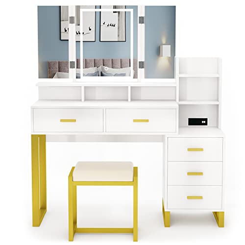 Pakasept Vanity Set With Lighted Tri-Fold Mirror, Vanity Desk With Charging Station, 3-Color Adjustable Touch Light, 5 Drawers, Storage Shelves&Cushioned Stool Makeup Vanity For Bedroom, White #TOP6