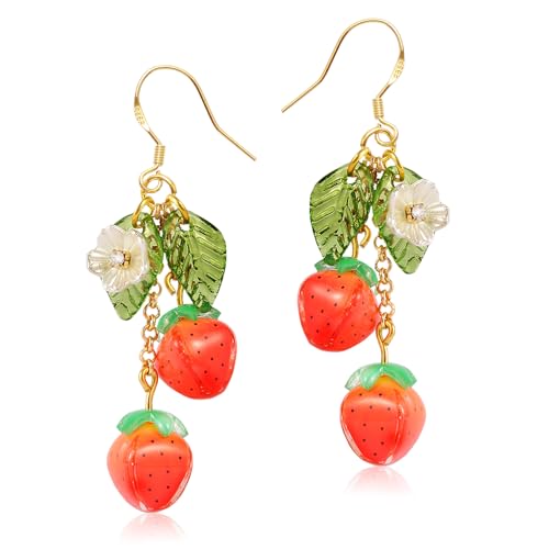 WLWDBY Handmade Hand-Sculpted 925 Sterling Silver Cute Strawberry Jewelry Earrings - Hand-Painted Resin Cute Kawaii Fruit Jewelry for Women Summer Gift