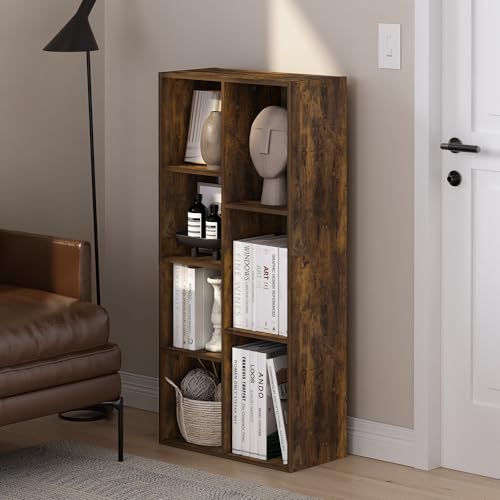 Image of Furinno LUDER Book Shelf, 7-Cube Bookshelf, Bookcase with Open Shelves, 9.4 x 19.5 x 41.7, Easy Assembly, for Living Room, Bedroom, Home Office, Amber Pine