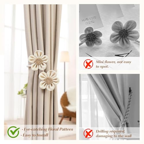 Image of Catchy Rope White & (Set of Brown Holders Holdback 2) Curtains Tieback Drapery Jute Tiebacks. Natural Decorative Window Neutral Combo Curtains Floral Curtain Beautiful (8, White)