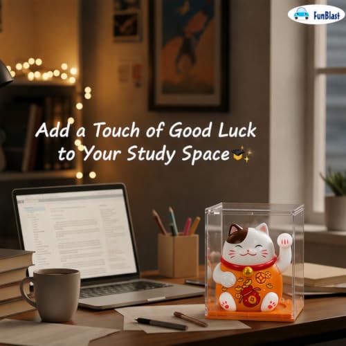 Image of FunBlast Maneki Neko Lucky Cat, Waving Arm Solar Powered Good Luck Wealth Welcoming Display Car Decor Paw Up with Arm, Decor Item for Home, Office and Car (Orange)