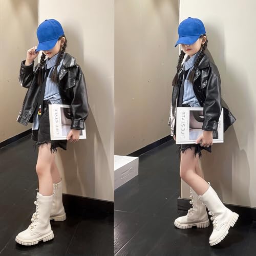 TangDao Little Girls Knitted Leather Lace-Up Knee High Winter Boots Fashion Black Mid Calf Combat Riding Boots (Toddler/Little Kid/Big Kid)3