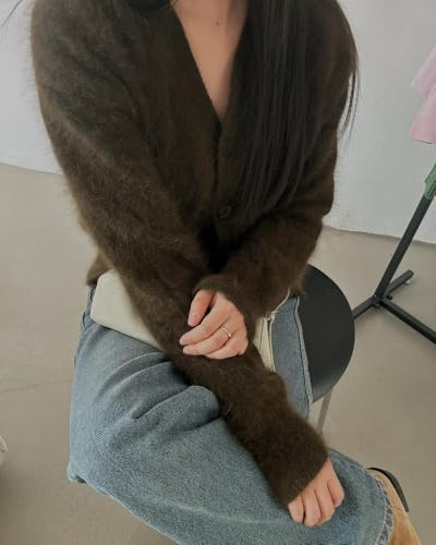 Image of Womens Fuzzy Sweaters Cardigan V-Neck Button Down Oversized Mohair Sweater Casual Y2k 2026 Fall Winter