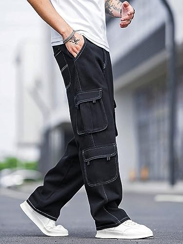 WDIRARA Men's Flap Pocket Cargo Jeans High Waisted Casual Straight Leg Denim Pants3