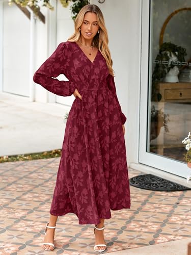 Image of Simplee Womens Boho Floral Long Sleeve Maxi Dress V Neck Empire Waist Fall Wedding Guest Dresses with Pockets