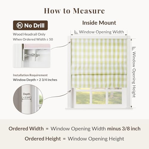 Image of TWOPAGES No Drill Cordless Buffalo Check Roman Shades Roman Blinds for Kitchen Windows, Customized Room Darkening Country Plaid Blinds Farmhouse Shades, Olivine Bordered Plaid, 1 Piece