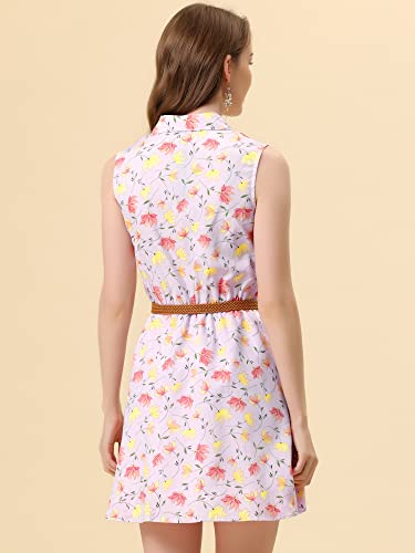 Image of Allegra K Women's Floral Printed Half Placket Above Knee Summer Sleeveless Belted Dress