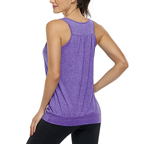 Miusey Built In Bra Tank Tops For Women, Ladies Round Neck Basic Racerback Camisole Workout Yoga Tanks Top Summer Sleeveless Tennis Shirts Loose Athletic Clothes Purple Medium #TOP2