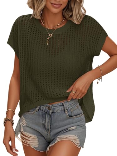 Image of Womens Summer Crochet Tops Hollow Out Cap Sleeve Cover Up Tank Top Pullover Sweater Vest Beach Vacation Clothes