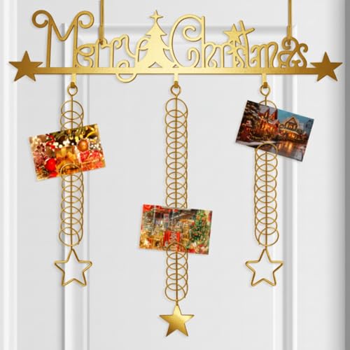 Fullhawl Christmas Card Holder with Over Door Hooks 19.4 x 15.75 Inches Christmas Metal Hanging Picture Display Decorative Wall Photo Display for Window Xmas Tree Decorations Ornament