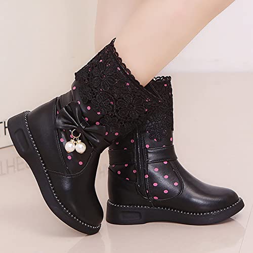 Girl's Mid Calf Boots W𝐚terproof Lace Bowknot Side Zipper F𝐮r Lined Side Zipper Fall Winter Low Heel Chunky Boots (Black, 2 Big Kids)2
