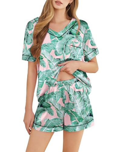 Image of Silk Pajamas for Women Short Sleeve Satin 2 Piece Pj Set Soft V Neck Sleepwear Loungewear, S-XXL